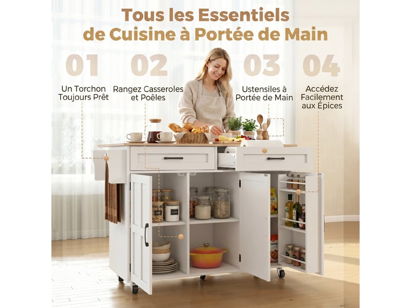  Îlot de cuisine plateau rabattable 3 portes 2 tiroirs blanc 129 x 72 x 90,5 cm  - Conforama E