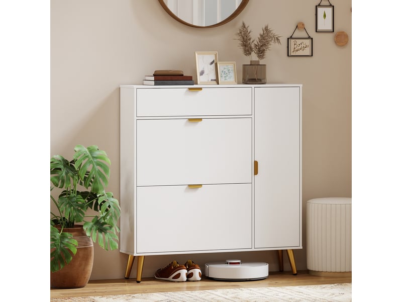  Meuble à chaussures 12 paires, armoire à chaussures, 2 tiroirs rabattables, 4 compartiments, 99,4x23,8x106,6cm, blanc  - Conforama C
