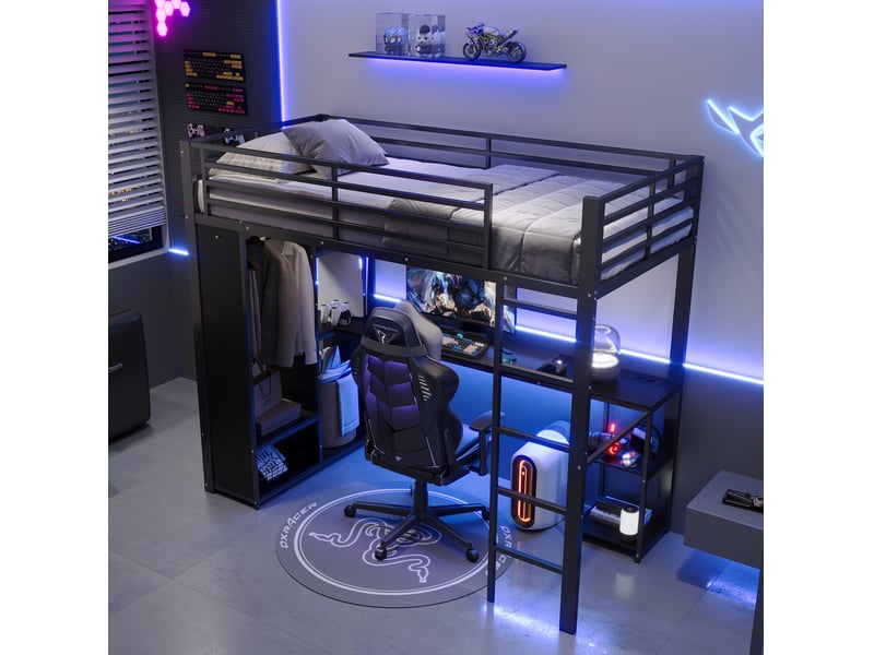  Lit mezzanine 90 × 200 cm 1 place avec bureau, étagères, led réglable et dressing ouvert, sans matelas  - Conforama C