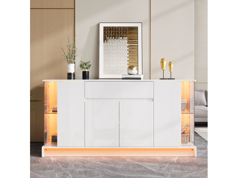 Buffet 150x40x75 cm avec vitrines led, portes et tiroir blanc brillant - Conforama E