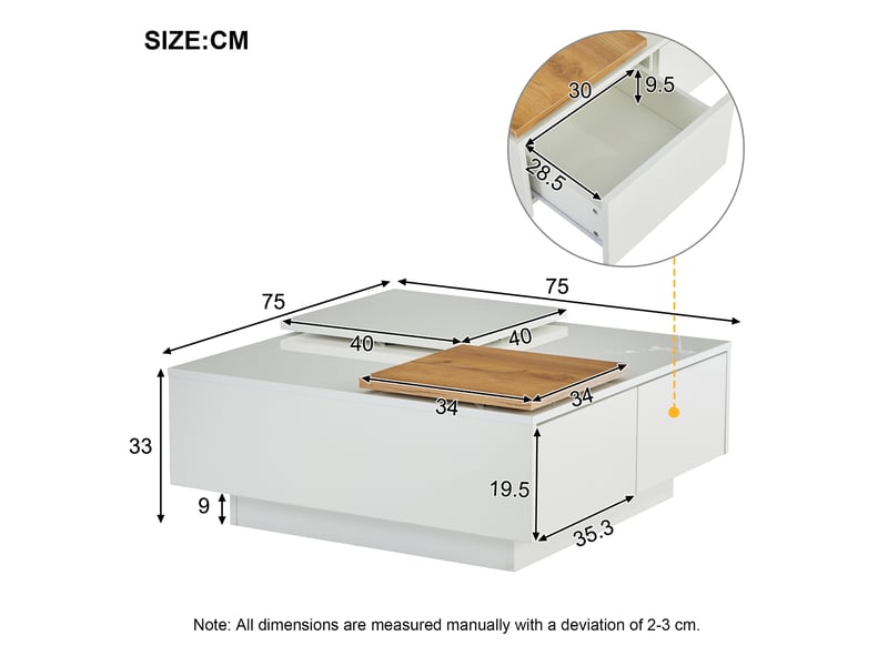  Table basse contemporaine 75x75x40 cm blanc brillant – plateau coulissant et rangement pratique  - Conforama C