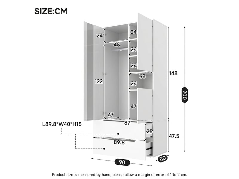 Armoire blanche avec éclairage led 3 portes et 2 tiroirs 90x50x200 cm  - Conforama E
