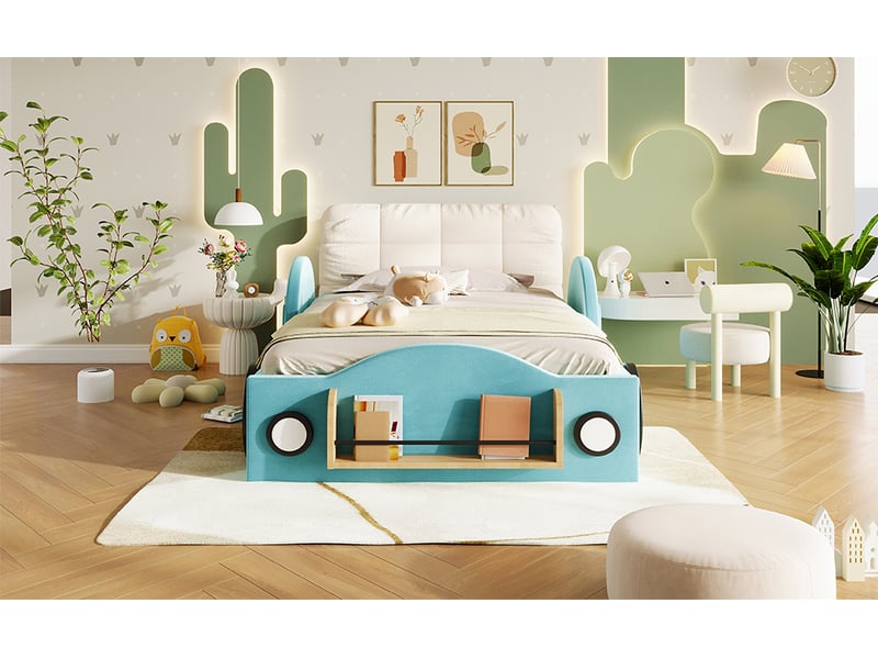 Lit voiture 90x200 cm, coffre relevable, poches latérales, rangement en bout de lit, tissu flanelle et mdf, bleu - Conforama B
