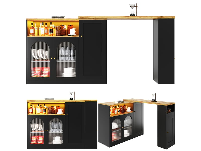  Table de bar pivotante extensible avec lumière led,4 portes(2 portes en verre changhong) et 2 niches,noir table de bar noir - Conforama D