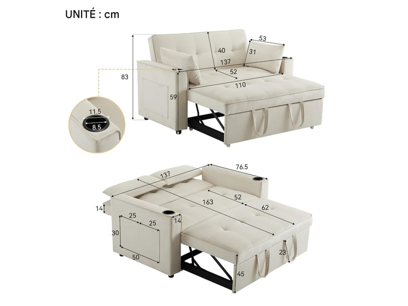  Canapé convertible 2 places en velours beige 137 x 76,5 x 83 cm N653P464748A - Conforama C