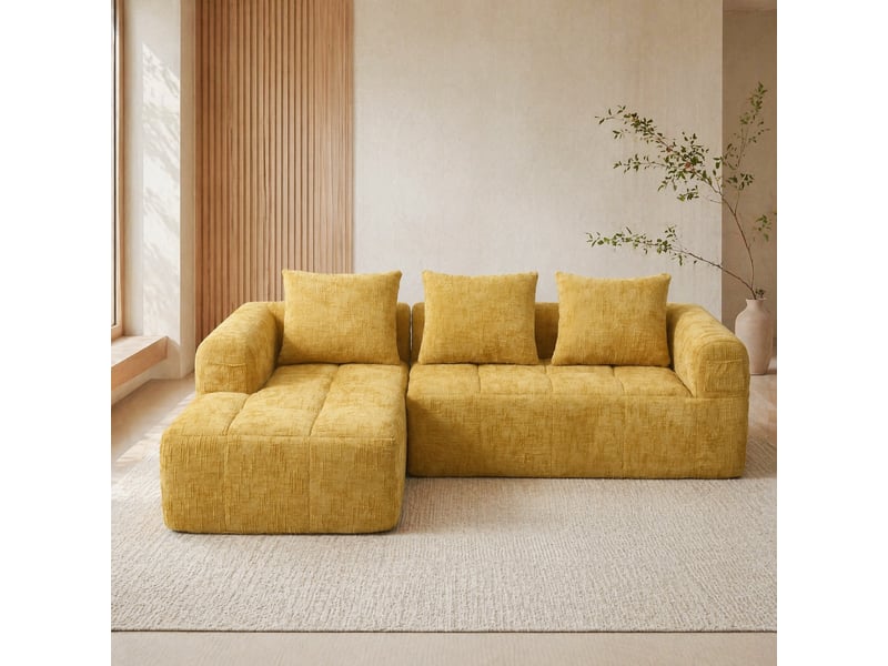 Canapé d'angle modulable 3 places avec méridienne, poches latérales et 3 coussins en chenille jaune, 250 × 158 × 60 cm - Conforama C
