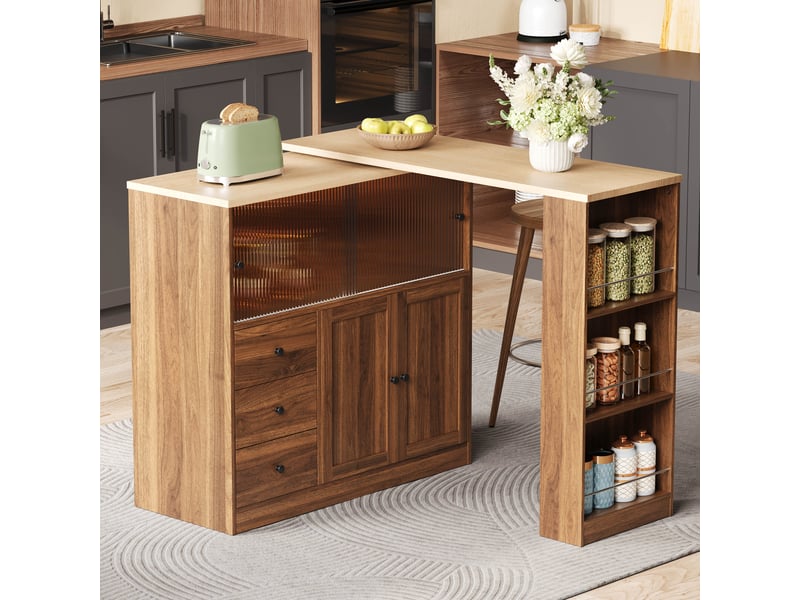  Desserte de cuisine avec 3 tiroirs, porte coulissante en verre trempé, plateau pivotant, led, pour cuisine, 172×40×96 cm  - Conforama C