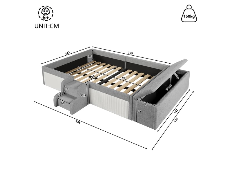 Lit enfant 140x190 cm rembourré en bouclé gris, avec petite échelle, banquette coffre de rangement mobile, barrières rembourrées et rangement pratique - Conforama D