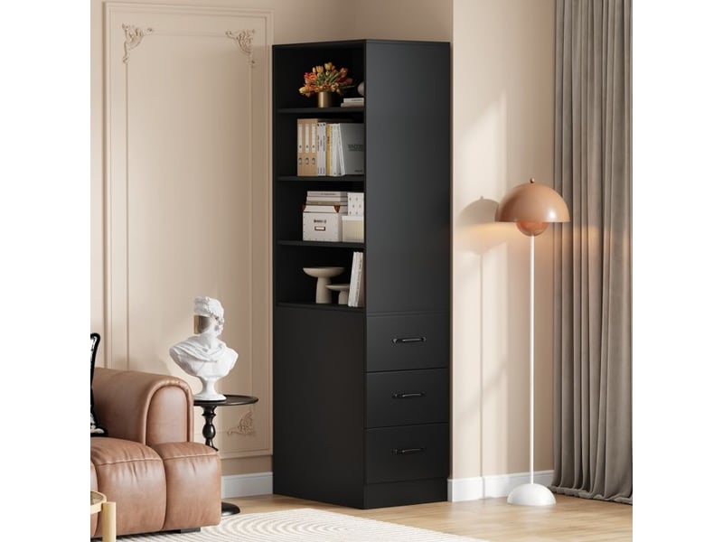  Bibliothèque extra étroite - 180 cm de hauteur - noir - panneau de particules - tiroirs latéraux intégrés noir - Conforama C