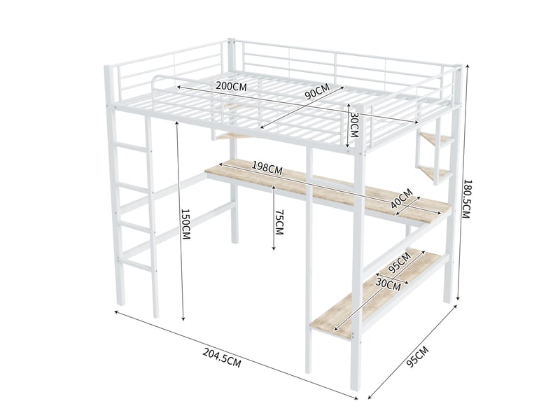 Lit mezzanine 90x200 cm avec bureau et étagères en métal et mdf blanc  - Conforama E