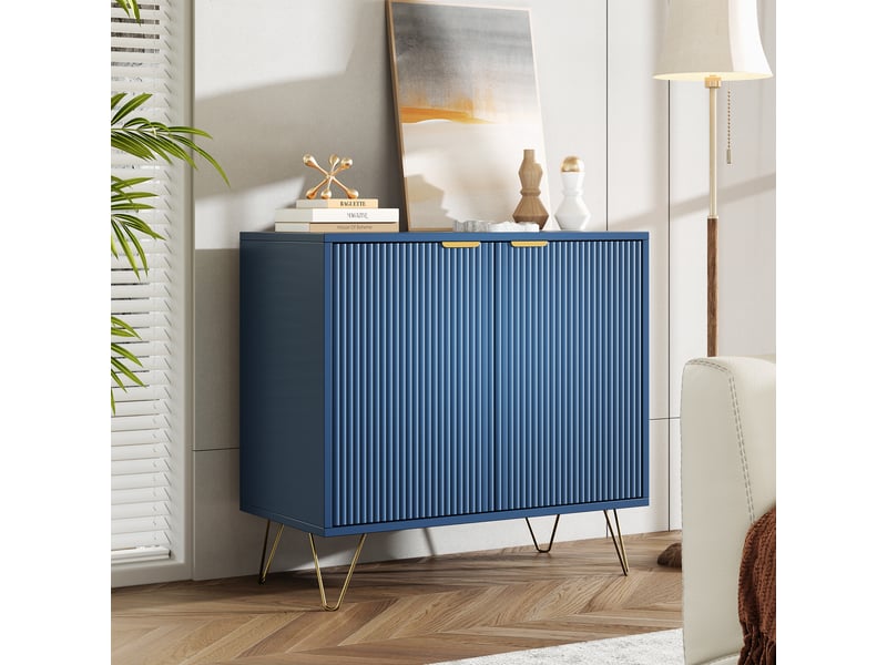  Buffet bleu 80 cm armoire de cuisine avec 2 portes, meuble de rangement avec poignées et pieds métal  - Conforama E