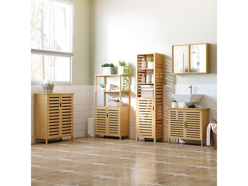  Meuble de salle de bain avec 2 étagères ouvertes et un placard en bambou à 2 portes, 60 x 30 x 120 cm  - Conforama C