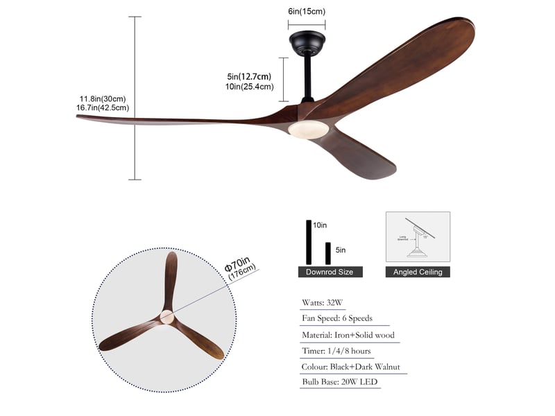  Ventilateur de plafond 176 cm avec led dimmable, télécommande et 3 pales en bois  - Conforama C