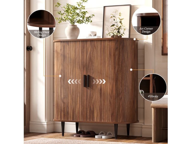  Buffet bas 85x40x93 cm, 2 portes coulissantes à rideau, 4 crochets, mdf et panneaux de particules, marron  - Conforama D