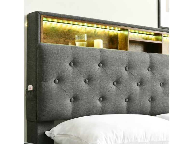  Lit double rembourré 140 x 200 cm avec tête de lit rangement et led gris  - Conforama B