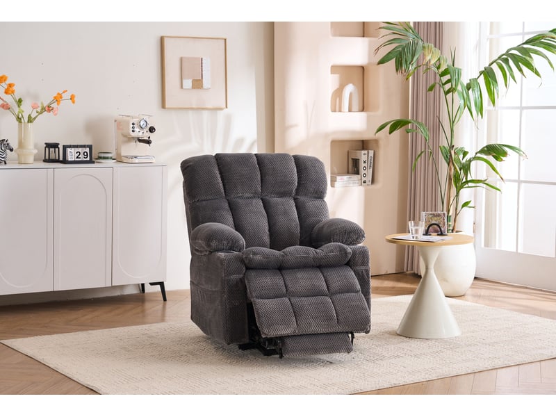  Fauteuil massant électrique avec double moteur, aide au relevage, chauffage et porte-gobelet, en tissu gris  - Conforama D
