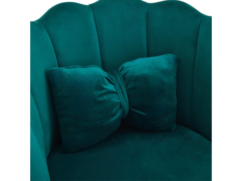 Fauteuil 58x63x77 cm, dossier à pétales, pieds en métal doré et coussins papillon, confortable, velours vert - Conforama R
