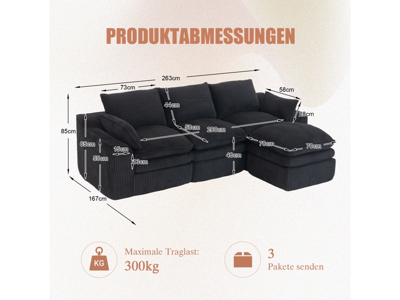  Canapé modulable 3 places avec pouf en velours côtelé noir  - Conforama E