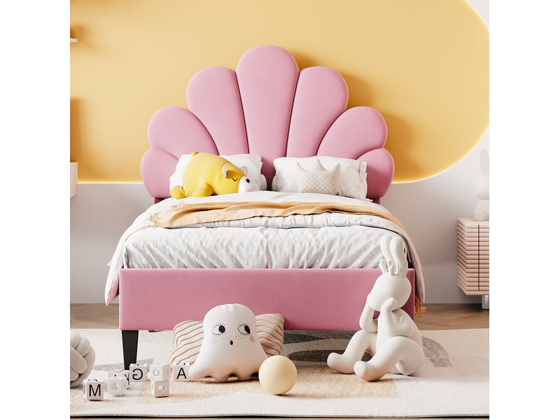 Lit enfant 90 x 200 cm en velours avec tête de lit fleur et sommier, rose - Conforama D