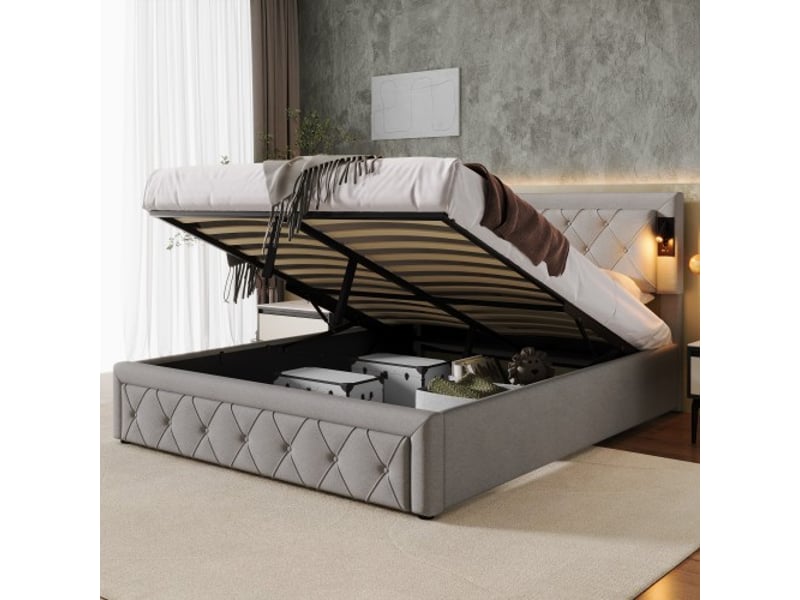  Lit coffre 160x200 cm gris led usb tête losanges et sommier lin  - Conforama D