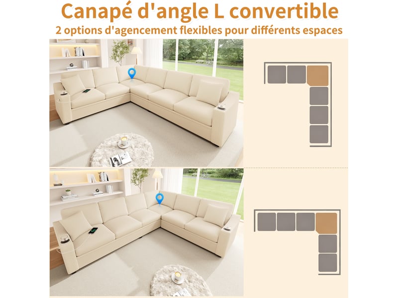  Canapé d'angle tcqpz modulable 6 places 277 x 215 x 85 cm usb type-c porte-gobelets velours côtelé beige  - Conforama E