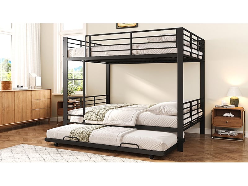  Lit gigogne enfant 140 x 200 cm sécurité enfant structure métal robuste à lit escamotable protection antichute échelle intégrée noir  - Conforama B