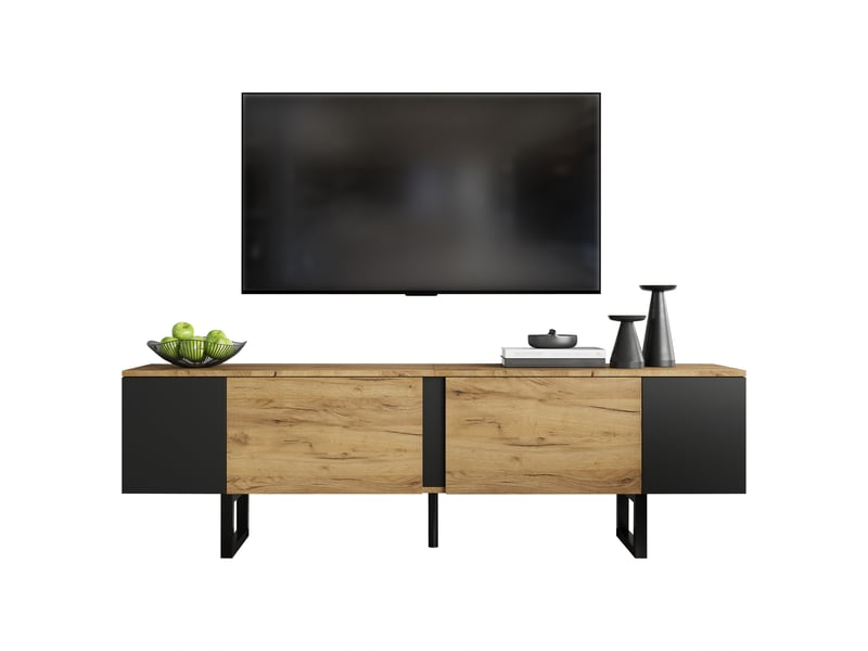 Meuble tv 180 cm pour tv jusqu'à 75 pouces, meuble tv bas bois et noir avec 2 portes, 180x40x55cm, panneau de particules. - Conforama A