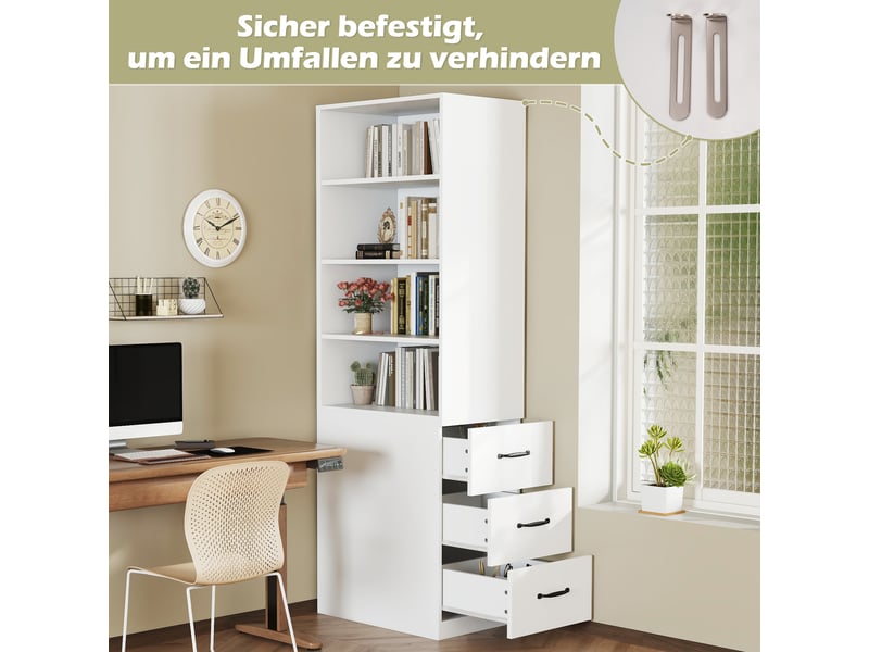  Bibliothèque étroite 180 cm, meuble de rangement avec tiroirs latéraux, armoire haute blanche de salon pour petits espaces.  - Conforama W