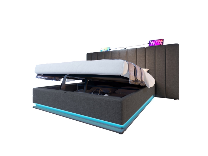  Lit coffre 180x200 cm avec matelas h3, led 360° pilotée par application et télécommande, 3 ports usb + usb-c, rangement hydraulique, soutien 7 zones, structure en métal et lin gris  - Conforama D