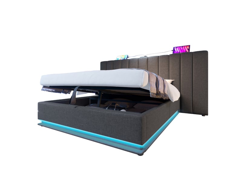  Lit coffre 180x200 cm avec matelas h3, led 360° pilotée par application et télécommande, 3 ports usb + usb-c, rangement hydraulique, soutien 7 zones, structure en métal et lin gris  - Conforama D