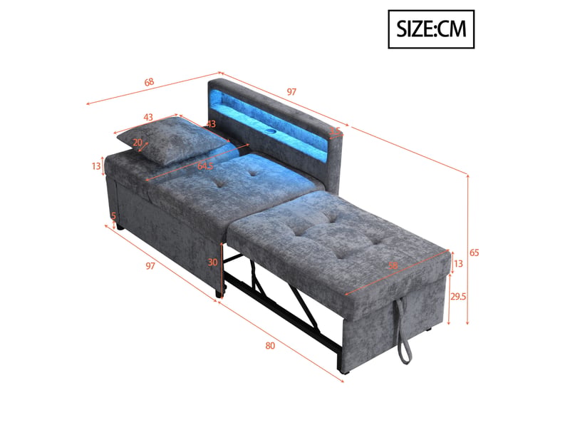 Fauteuil gigogne 177x68x65 cm, design 3-en-1 transformable, dossier ajustable, led, charge, accoudoir, lin, gris clair - Conforama C