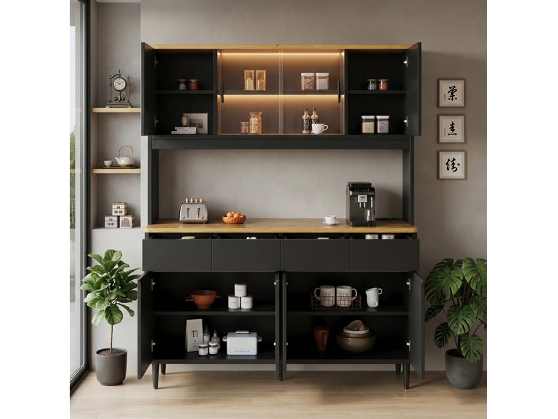  Buffet de cuisine 160x40x185 cm avec led et usb, 4 tiroirs et 8 portes, coloris noir et chêne  - Conforama D
