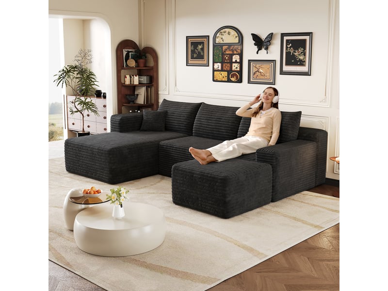 Canapé d’angle noir 4 places, canapé en l de 241 cm en tissu côtelé, assise profonde et confort moelleux pour le salon - Conforama D