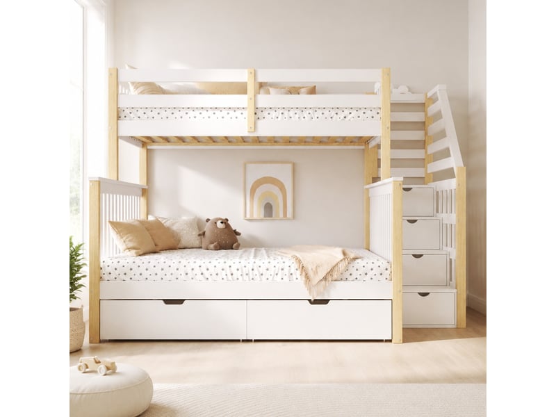  Lit superposé 90x200 cm et 140x200 cm en bois, lit avec tiroirs et échelle à rangement, sans matelas, blanc  - Conforama B