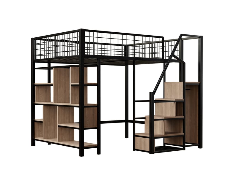  Lit mezzanine 140x200 cm avec rangement et escalier, métal noir  - Conforama E