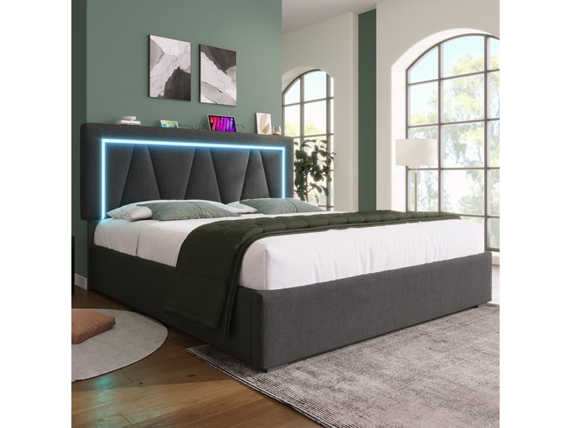  Lit rembourré rayofi 160x200 avec led intégrées, ports usb et chargeur type-c, sommier à lattes, cadre lin, matelas inclus ABMA434142G - Conforama E