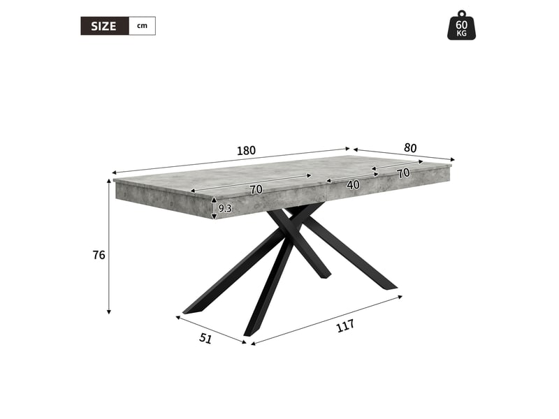  Table de salle à manger extensible 140 à 180 x 80 cm grise en mdf, pieds croisés en métal pour 6 à 8 personnes  - Conforama C