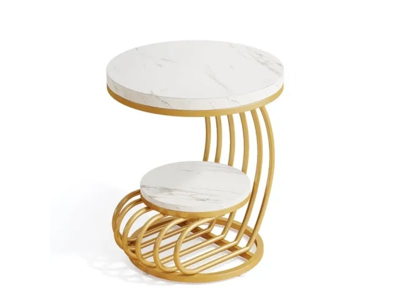  Table d'appoint ronde 2 niveaux aspect marbre blanc et métal doré ø50x63 cm  - Conforama A