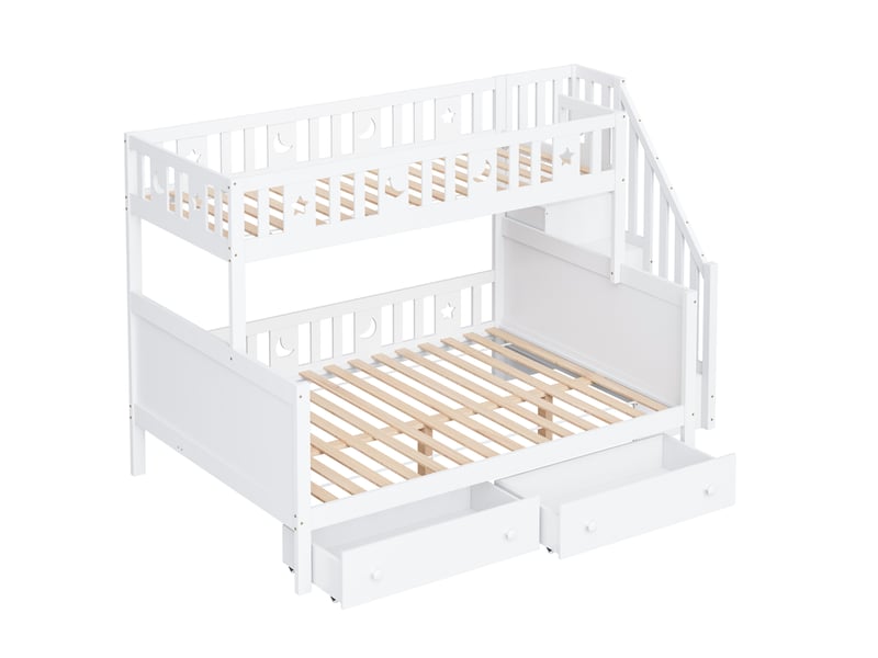  Lit superposé enfant 90x200 et 140x200 cm, avec échelle sécurisée, grands tiroirs, mdf et bois pin, blanc, sans matelas  - Conforama E