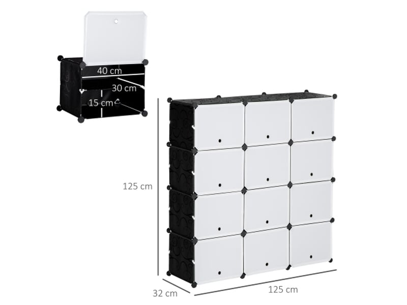 Meuble à chaussures 12 cubes, portes, modulable, plastique et acier, noir et blanc, 125x32x125 cm - Conforama C