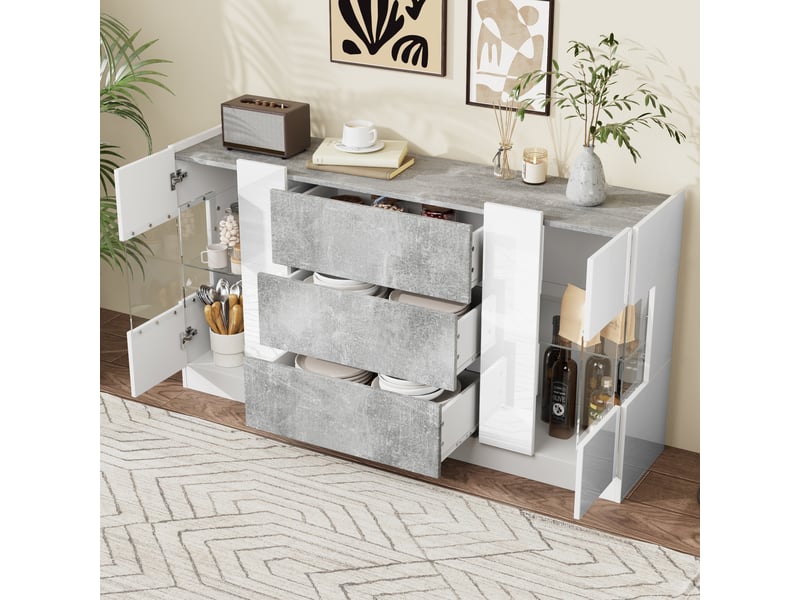 Buffet blanc laqué effet marbre gris 140x35x75 cm - 2 portes, 3 tiroirs, éclairage led - Conforama E