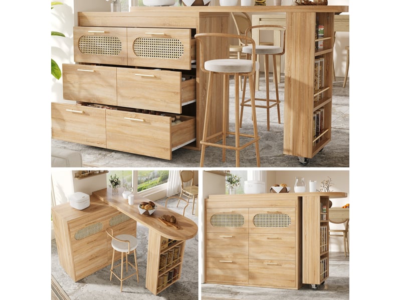 Table bar modenvie pivotante 128-203 cm avec 6 tiroirs, rangement latéral, mdf et métal, naturel - Conforama D