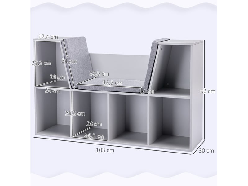  Bibliothèque enfant avec banc de rangement 103 x 30 x 62 cm grise en mdf, 6 compartiments et 3 coussins  - Conforama C