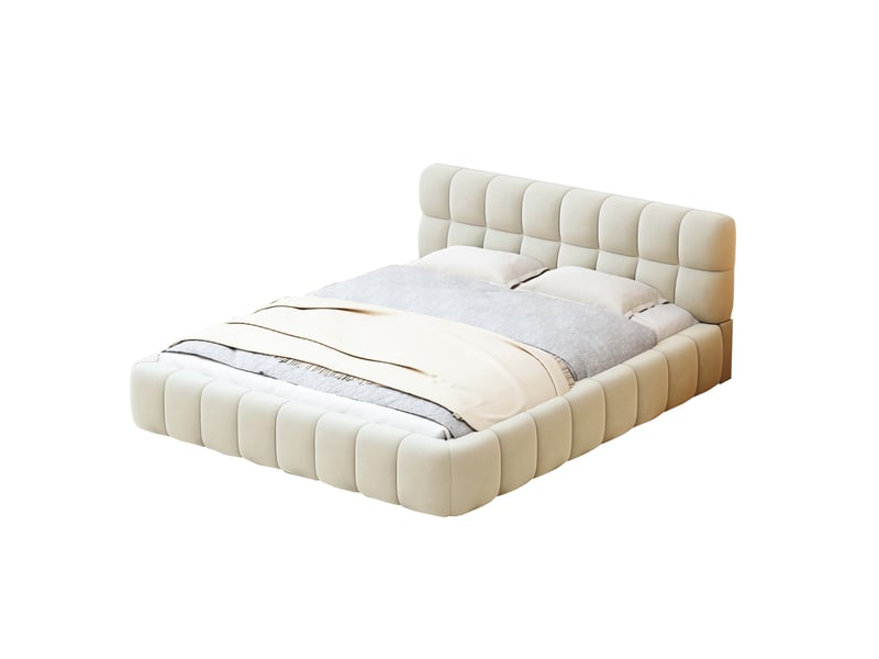  Kefsr lit capitonné 160x200 cm - cadre de lit double rembourré en tissu coton-lin beige avec sommier à lattes et tête de lit matelassée design moderne  - Conforama A