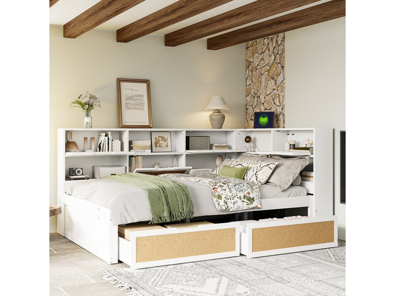  Canapé-lit en bois 140*200 avec tiroirs, rangements et port de charge, lit enfant blanc multifonctionnel  - Conforama C