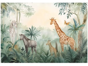 Papier peint panoramique intissé animaux jungle vert - 250x175 cm - papier peint enfant