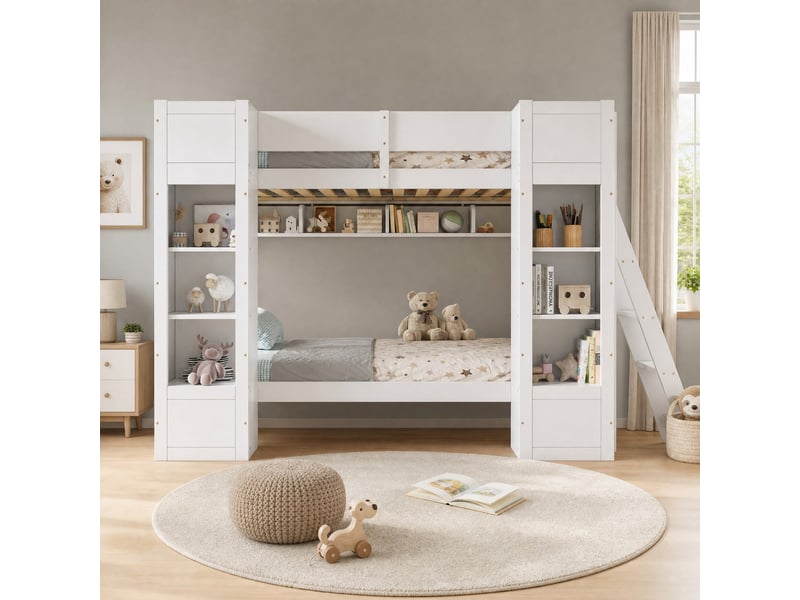  Lit superposé 90 × 200 cm avec 2 placards, étagère ouverte et échelle réversible pour chambre d’enfant  - Conforama B
