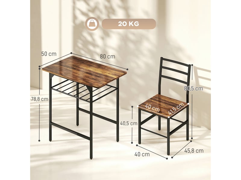  Ensemble table salle à manger avec 2 chaises, table de cuisine avec chaises pour 2 personnes, cadre en métal, marron  - Conforama E