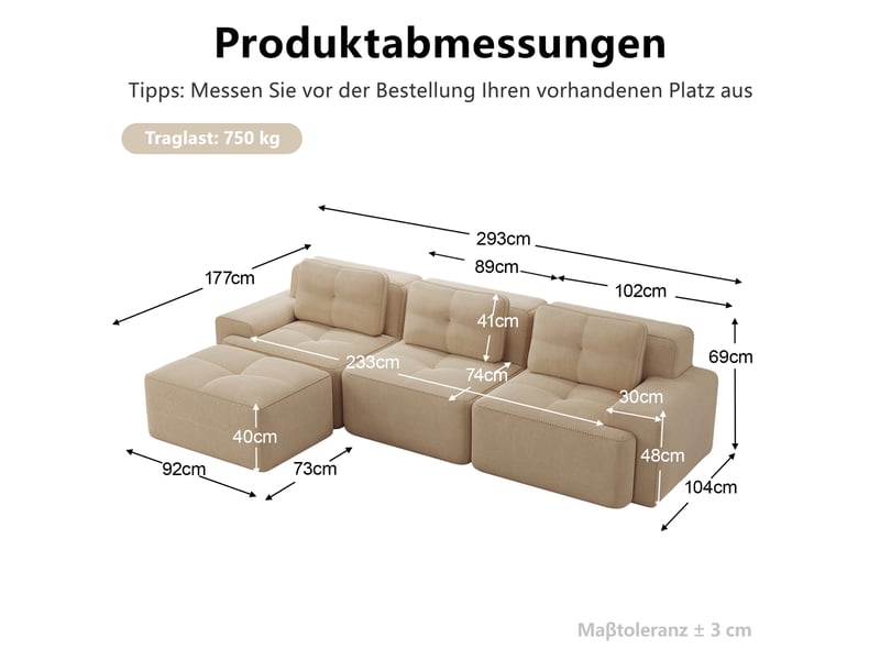  Canapé d'angle convertible 3 places en velours côtelé beige, 293 x 177 x 69 cm, sans armature, sans montage, livré compressé, assise profonde CARDUME ESTIVAL - Conforama C