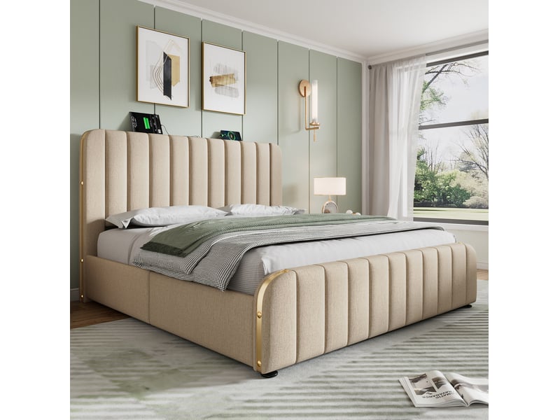  Lit double 160x200 avec rangement et usb type-c beige cravdom  - Conforama C